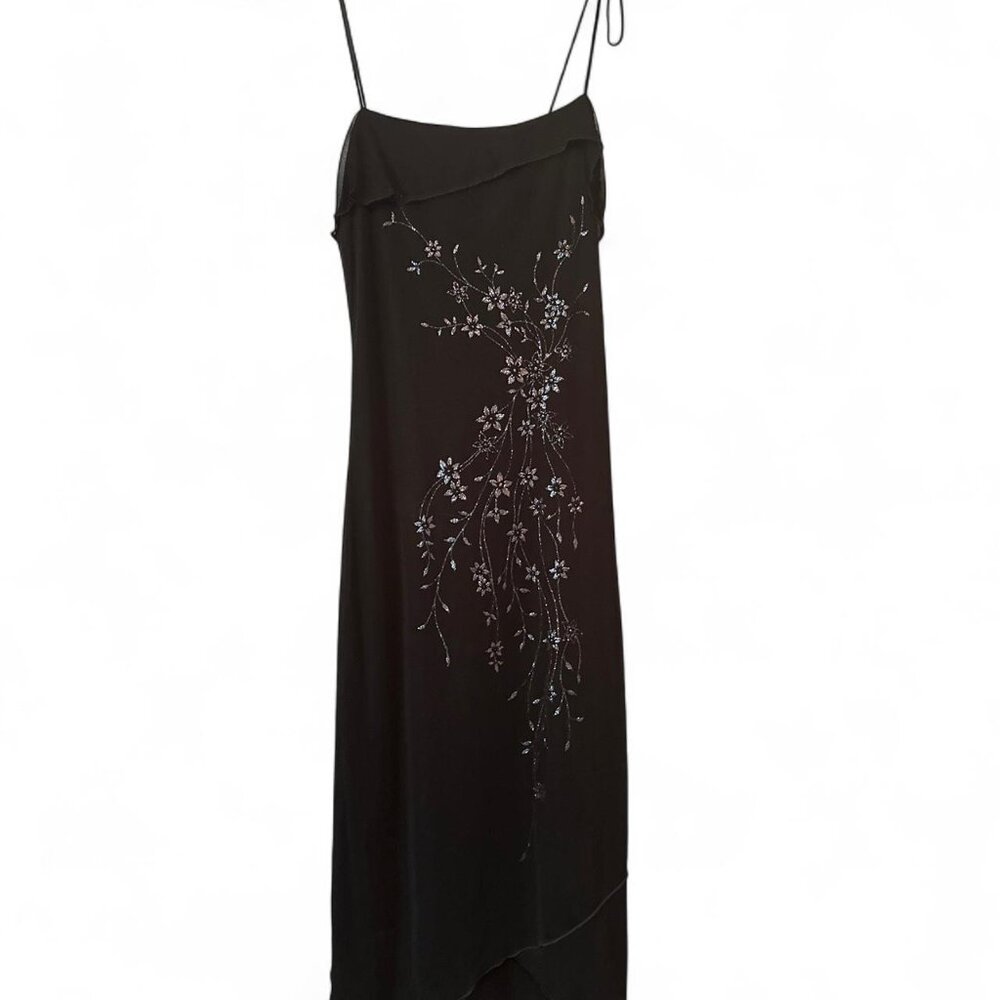 vintage black beaded midi dress with floral embroidery